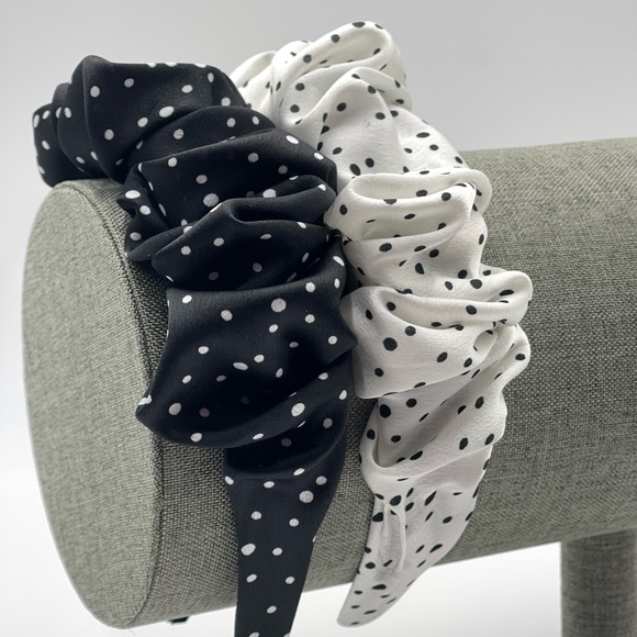 New Quality Black and White Polka dots bendable ruffle fabric satin headband - Picture 11 of 17